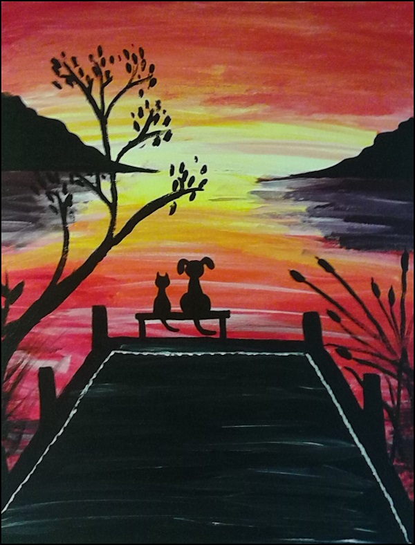dog cat silhouette sunset painting