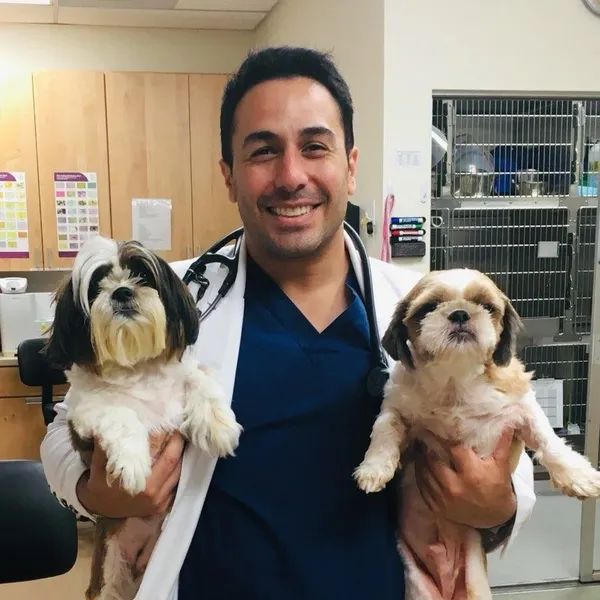 Dr. Behboud holding 2 dogs Dr. Behboud holding 2 dogs